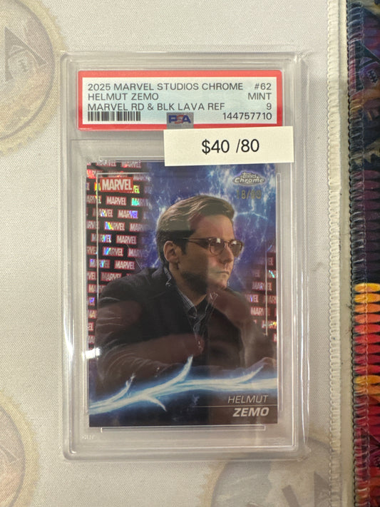 2025 Topps Marvel Studios Chrome Helmut Zemo Marvel Red & Black Lava Refractor /80 PSA 9