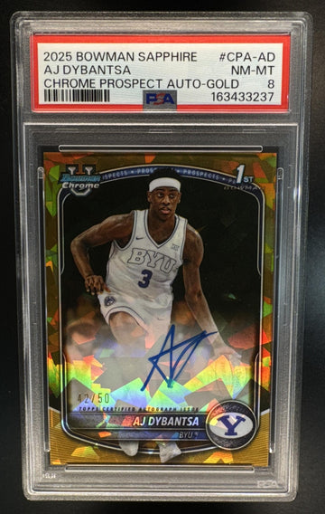 2025 Bowman Sapphire Basketball AJ Dybantsa Chrome Prospect Autograph Gold Refractor /50 PSA 8