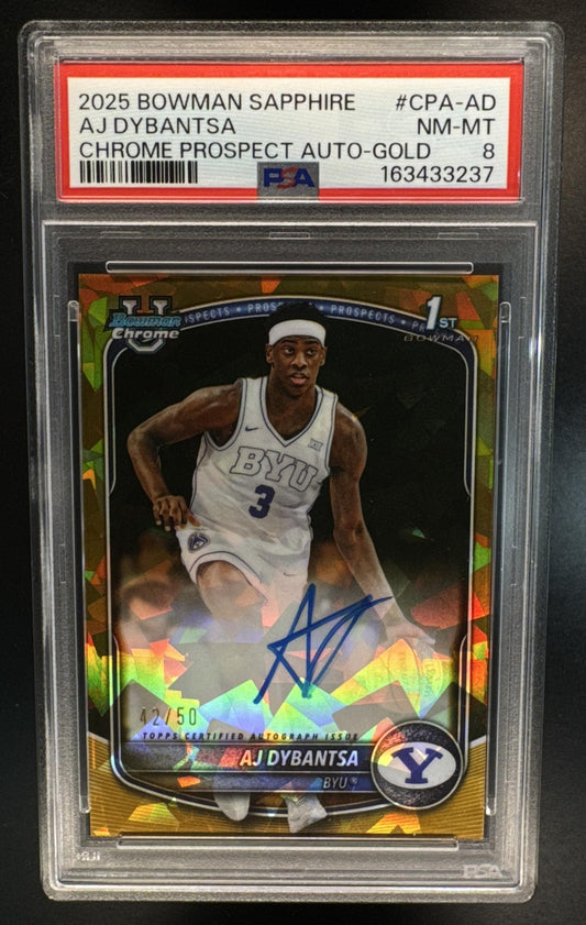 2025 Bowman Sapphire Basketball AJ Dybantsa Chrome Prospect Autograph Gold Refractor /50 PSA 8