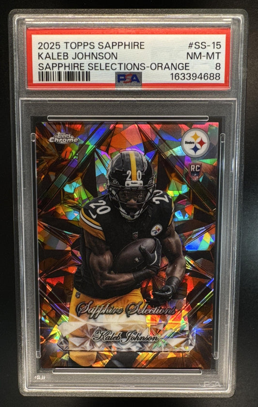 2025 Topps Chrome Sapphire Kaleb Johnson Selections Orange Refractor /25 PSA 8