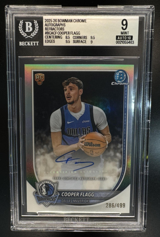 2025-26 Bowman Chrome Basketball Cooper Flagg Rookie Autograph Refractor /499 BGS 9 Autograph 10