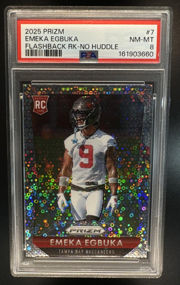 2025 Panini Prizm Emeka Egbuka #7 Rookie Flashback No Huddle RC Buccaneers PSA 8
