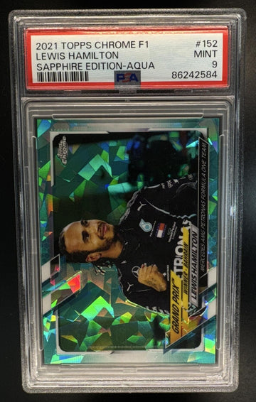 2021 Topps Chrome Sapphire F1 Lewis Hamilton #149 Aqua Refractor /99 Grand Prix Winner Bahrain PSA 9