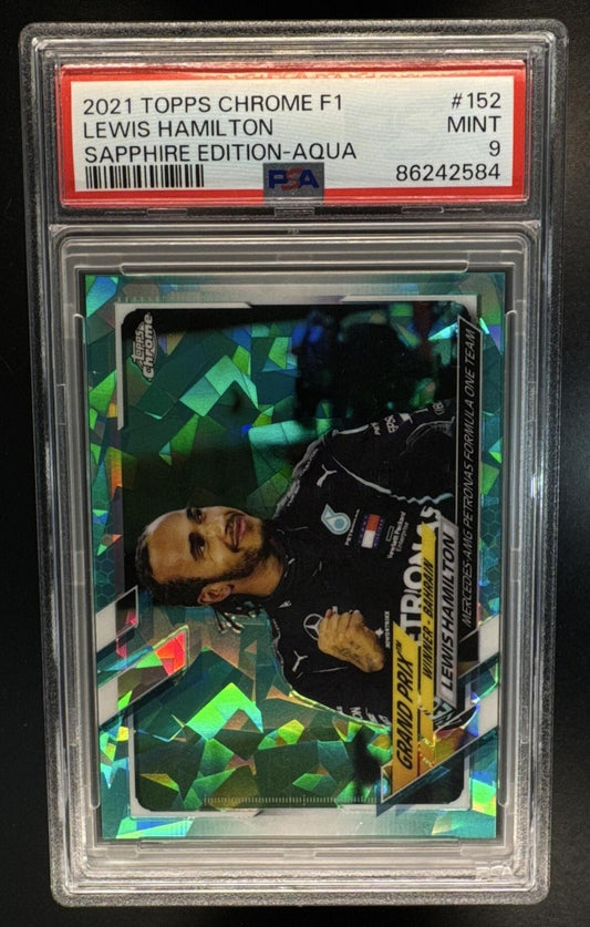 2021 Topps Chrome Sapphire F1 Lewis Hamilton #149 Aqua Refractor /99 Grand Prix Winner Bahrain PSA 9