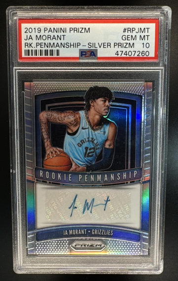 2019 Panini Prizm Ja Morant #RP-JMT Rookie Penmanship Prizms Silver Auto PSA 10