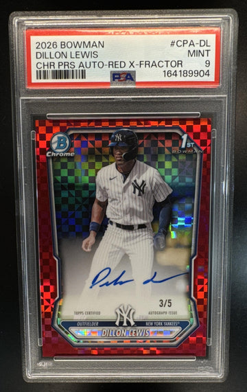 2026 Bowman Dillon Lewis #CPA-DL Chrome Auto Red X-Fractor /5 1st Prospect Yankees PSA 9