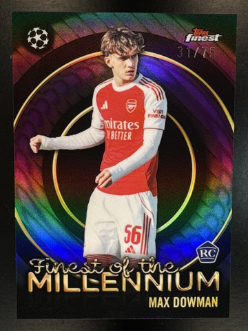 2025 Topps Finest UEFA UCC Max Dowman #FM-8 Finest Of The Millennium Purple Refractor /75 RC Arsenal