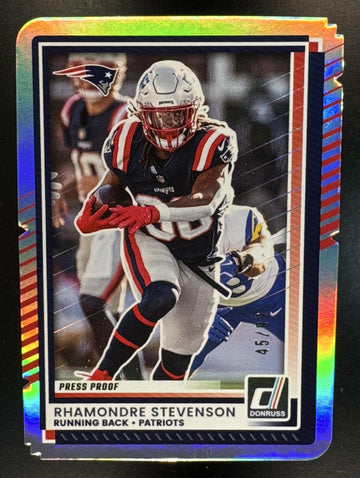 2025 Panini Donruss Rhamondre Stevenson #63 Press Proof Silver Die-Cut /99 Patriots
