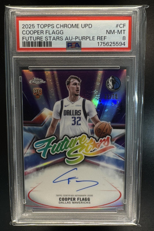 2025 Topps Chrome Update Cooper Flagg Future Stars Rookie Auto Purple Refractor /75 PSA 8