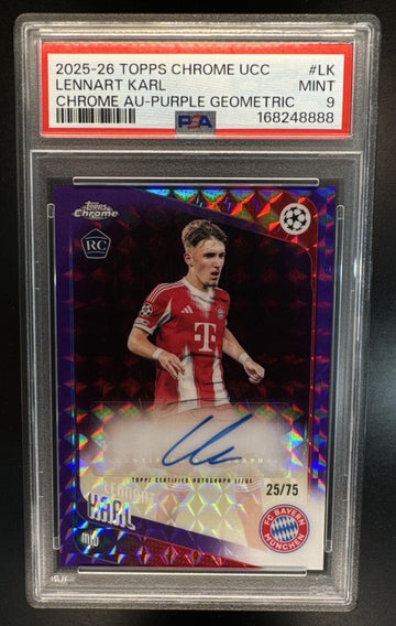 2025 Topps Chrome UEFA UCC Lennart Karl Auto CA-LK Purple Geometric Refractor /75 Bayern Munchen PSA 9