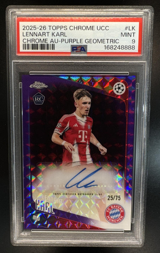 2025 Topps Chrome UEFA UCC Lennart Karl Auto CA-LK Purple Geometric Refractor /75 Bayern Munchen PSA 9