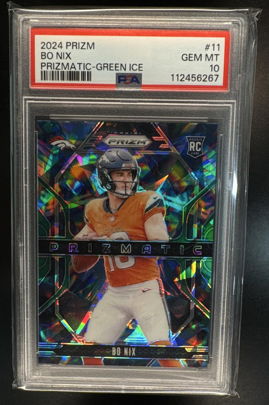 2024 Panini Prizm Bo Nix #11 Prizmatic Green Ice RC Broncos PSA 10