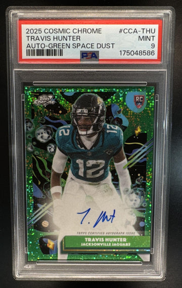 2025 Topps Cosmic Chrome Travis Hunter #CCA-THU Auto Green Refractor /75 Jaguars PSA 9
