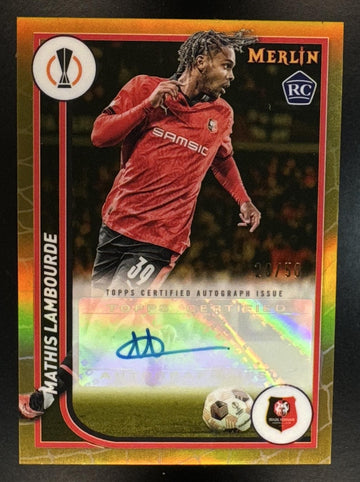 2023 Topps Chrome Merlin UEFA Mathis Lambourde #AH-ML Auto Gold Refractor /50 RC Stade Rennais