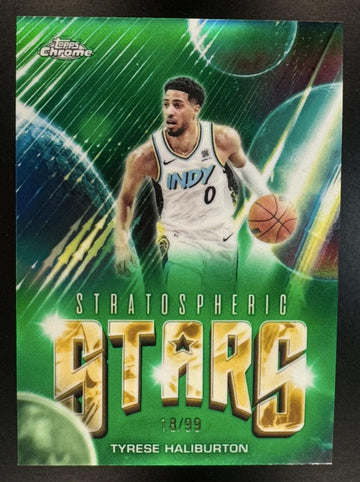 2025 Topps Chrome Update Tyrese Haliburton #ST-7 Stratospheric Stara Green Refractor /99 Pacers