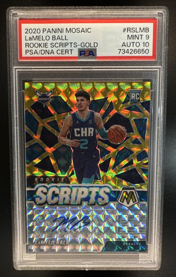 2020 Panini Mosaic LaMelo Ball #RS-LMB Rookie Scripts Gold Auto RC PSA 9