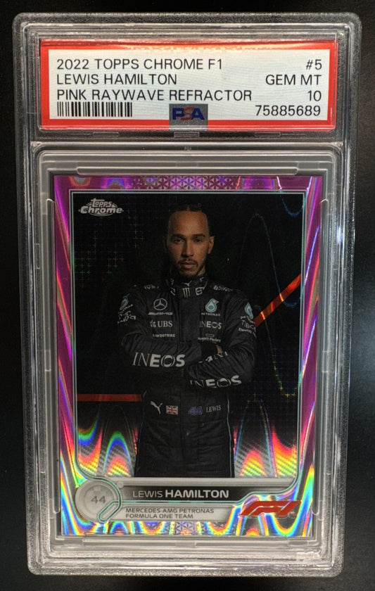 2022 Topps Chrome Formula 1 Lewis Hamilton #5 Pink RayWave 42/75 Portrait PSA 10