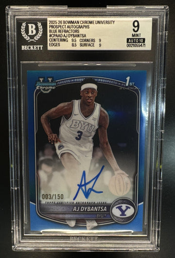2025 Bowman Basketball AJ Dybantsa Chrome Prospect Autograph Blue Refractor 3/150 (Jersey Number) BGS 9 Autograph 10