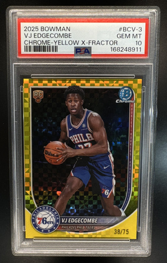 2025-26 Bowman VJ Edgecombe #BCV-3 Chrome Yellow X-Fractor 38/75 RC 76ers PSA 10