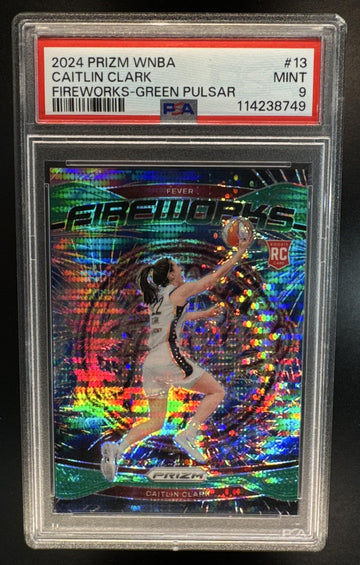 2024 Panini WNBA Prizm Caitlin Clark #13 Fireworks Green Pulsar /25 RC PSA 9