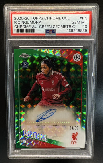 2025 Topps Chrome UEFA UCC Rio Ngumoha Auto CA-RN Green Geometric Refractor /99 LiverPool PSA 10