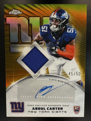 2025 Topps Chrome Abdul Carter #RPA-AC Rookie Patch Auto Gold Refractor /50 Giants