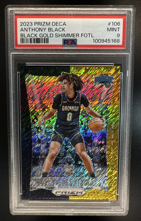 2023-24 Panini Prizm Deca Anthony Black Black And Gold Shimmer FOTL /8 RC #108 Magic PSA 9
