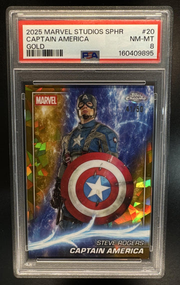 2025 Topps Chrome Marvel Studios SE Captain America #20 Gold Refractor /50 PSA 8