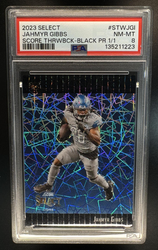 2023 Panini Select Jahmyr Gibbs #STW-JGI Score Throwback Black Prizm 1/1 PSA 8