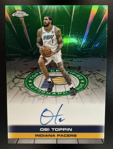 2025 Topps Chrome Obi Toppin #TAU-OBI Certified Auto Issue Green Refractor /99 Pacers
