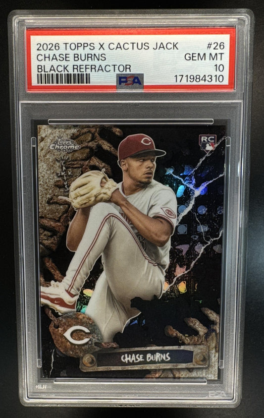 2026 Topps Chrome x Cactus Jack Chase Burns #26 Black Refractor /10 RC Reds PSA 10