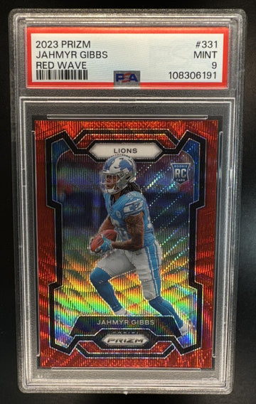 2023 Panini Prizm Jahmyr Gibbs #331 Red Wave 89/149 RC Lions PSA 9