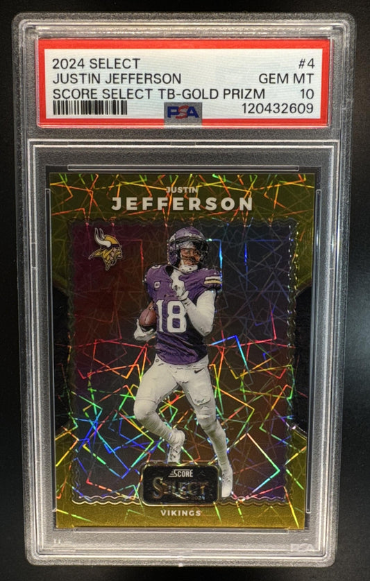 2024 Panini Select Justin Jefferson #4 Score Throwback Gold Prizm /10 Vikings PSA 10