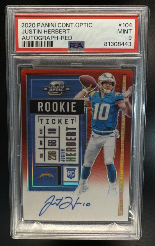 2020 Panini Contenders Optic Justin Herbert Rookie Ticket Red /199 Rookie Ticket Auto PSA 9