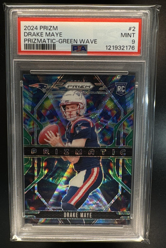 2024 Panini Prizm Drake Maye #2 Prizmatic Green Wave RC Patriots PSA 9