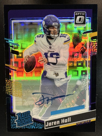 2023 Panini Donruss Optic Jaren Hall #270 Rated Rookie Auto Black Pandora /25 RC Vikings