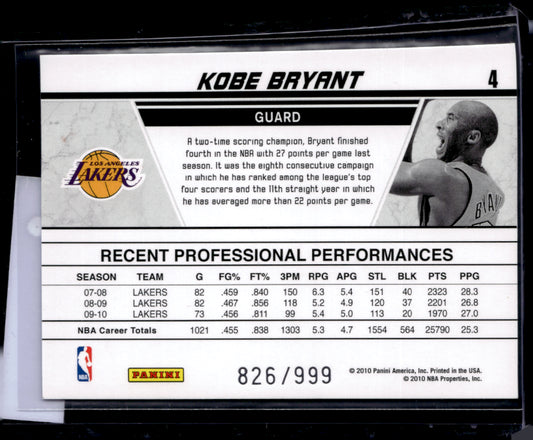 2010 Donruss #4 Kobe Bryant /999 Production Line Rack Packs